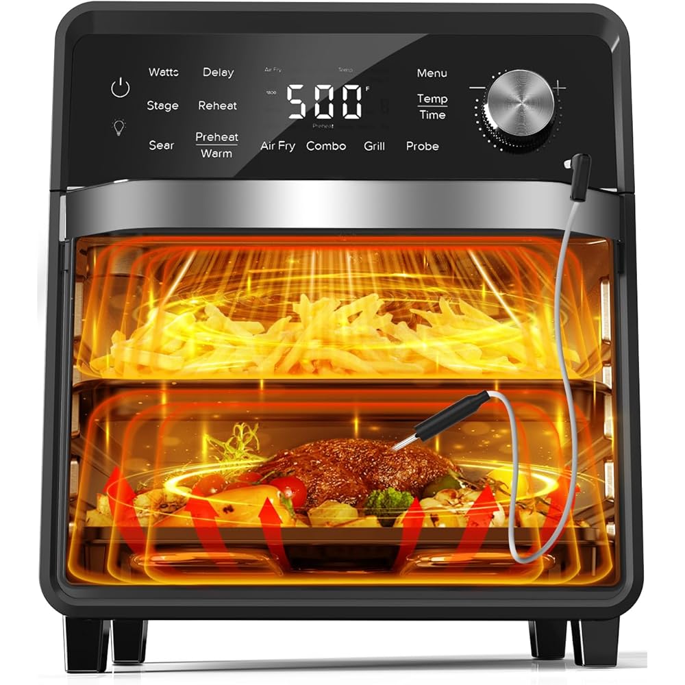 Nuwave Plug-In Grill Air Fryer Oven Combo w/Sheath Heaters, Authentic Char Flavor, 2024 New Convection System, 2X More Even, 100 Presets, Smarter Probe, 50-550掳F, Stainless Steel : Home & Kitchen