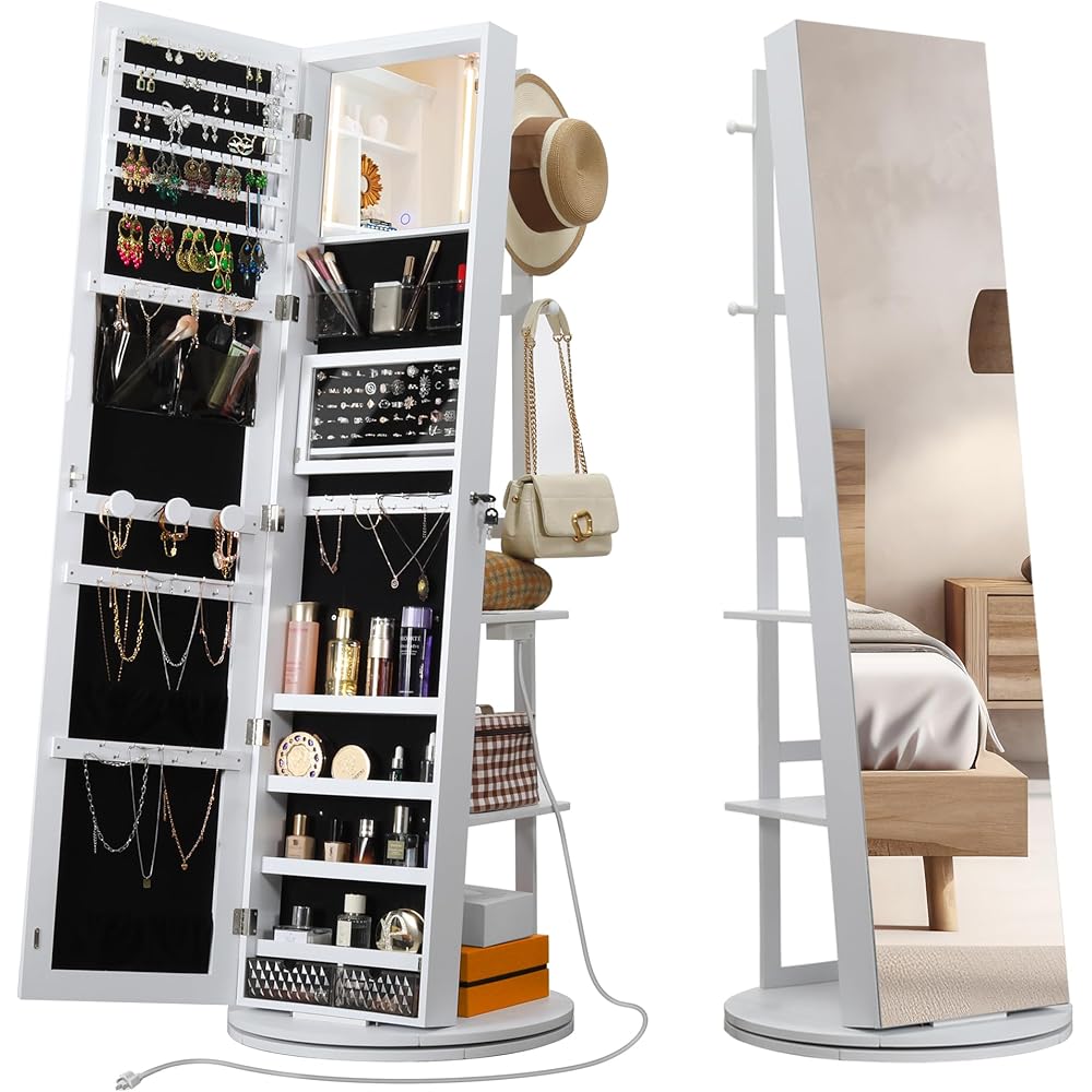IRONCK 360° Swivel Mirrored Jewelry Cabinet with Full-Length Mirror, Charging Station, Lockable Standing Jewelry Organizer with Rear Storage Shelves, Interior Mirror, LED Lights, White : Clothing, Shoes & Jewelry
