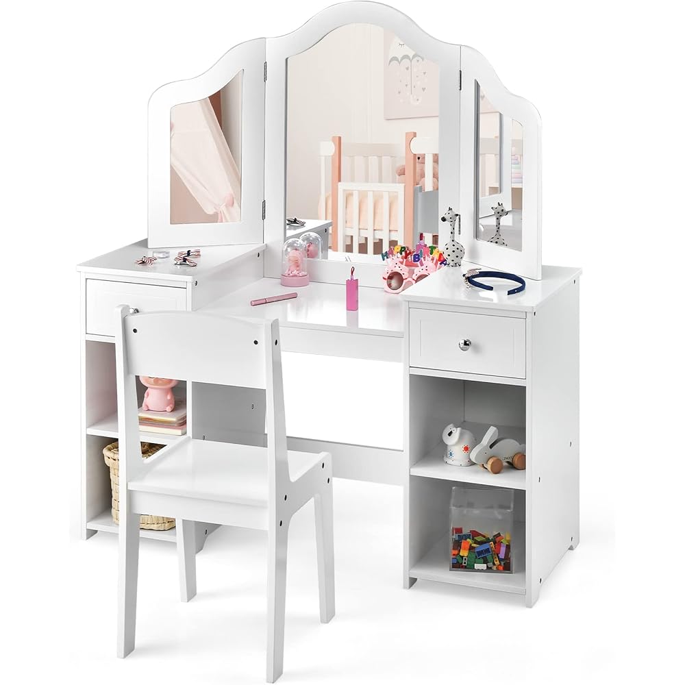 INFANS Kids Vanity, 2 in 1 Princess Makeup Desk and Chair Set with Drawers Tri-Folding Detachable Mirror Large Storage Shelves, Wooden Dressing Table, Pretend Play Vanity Set for Toddler Girls : Home & Kitchen