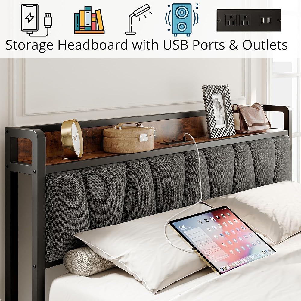 LIKIMIO King Size Bed Frame, Storage Headboard with Charging Station, Solid and Stable, Noise Free, No Box Spring Needed, Easy Assembly : Home & Kitchen