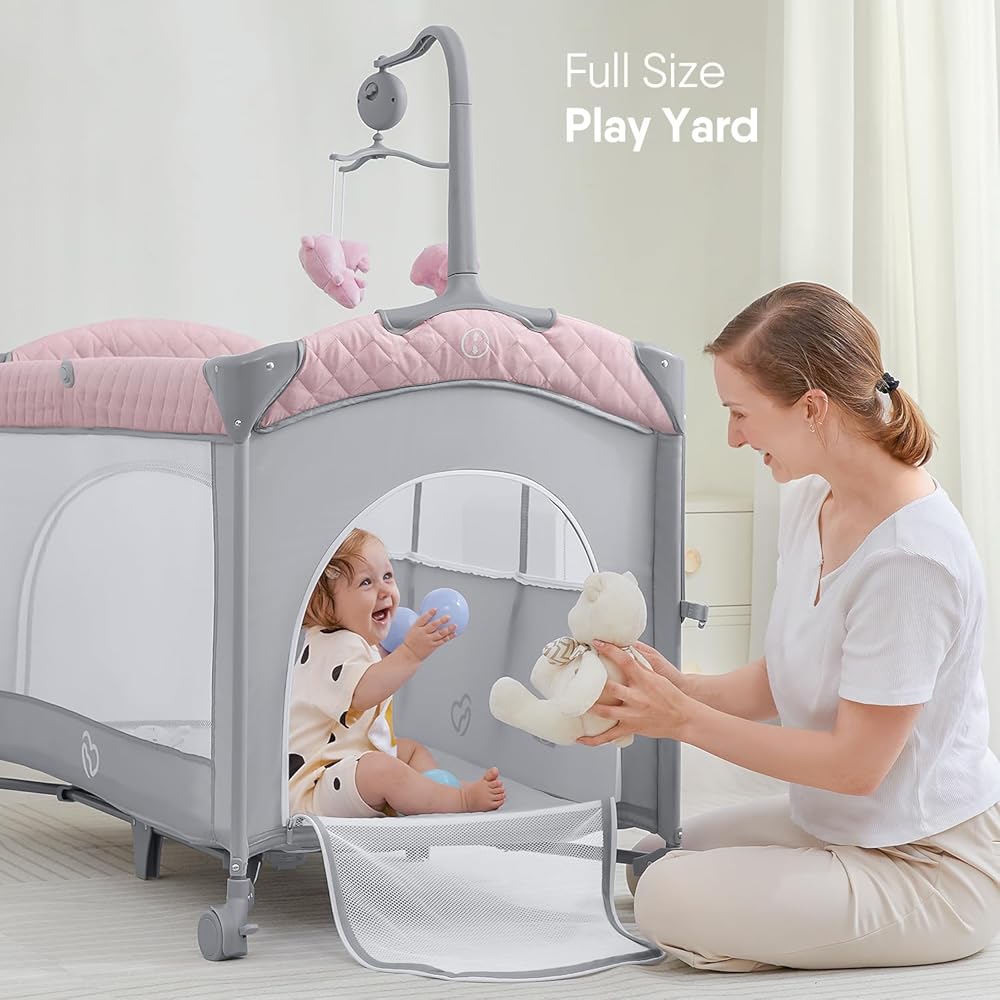 : ADOVEL Baby Bassinet Bedside Crib, Pack and Play with Mattress, Diaper Changer and Playards from Newborn to Toddles, Pink : Baby