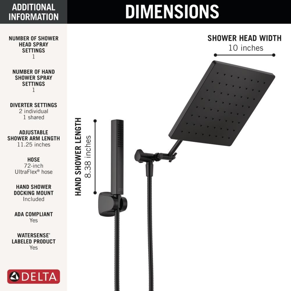 Delta 75527 Universal Showering 1.75 GPM Single Function Modern Rain Shower Head and Hand Shower Combo with Adjustable Extension Arm and Touch-Clean Nozzles - Matte Black