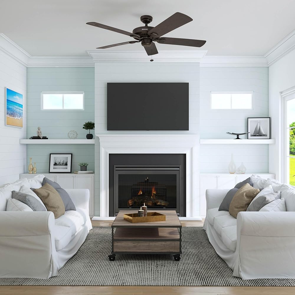 Honeywell Ceiling Fans Belmar 52 Inch Ceiling Fan Without Light, Outdoor Ceiling Fan with Pull Chain, Tri-Mount Traditional 5 Blade Design, ETL Wet Rated, Bronze (50199-01) -