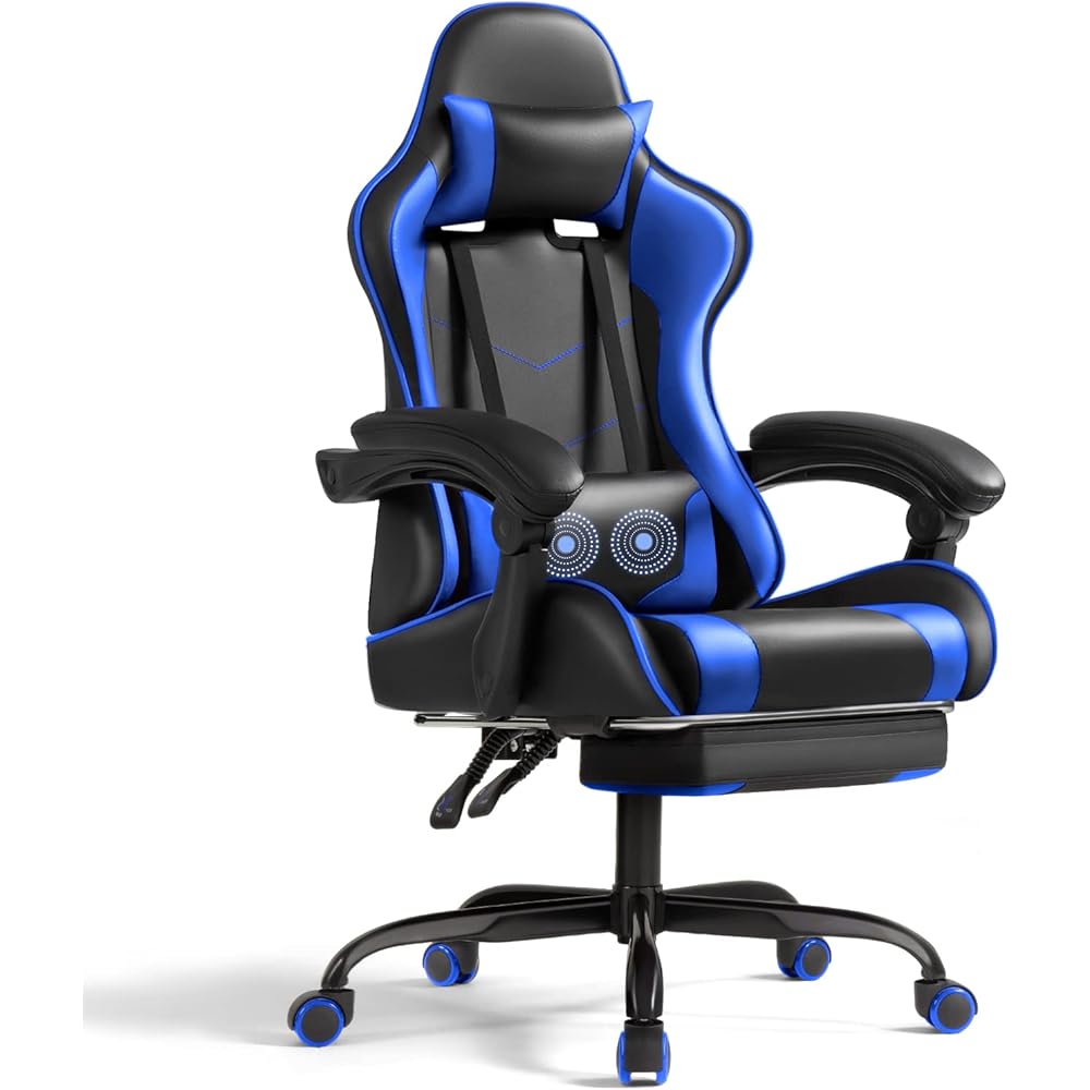 Shahoo Gaming Chair with Footrest and Massage Lumbar Support, Video Game Chairs Height Adjustable Seat with Headrest for Office or Bedroom, Study Room, Blue
