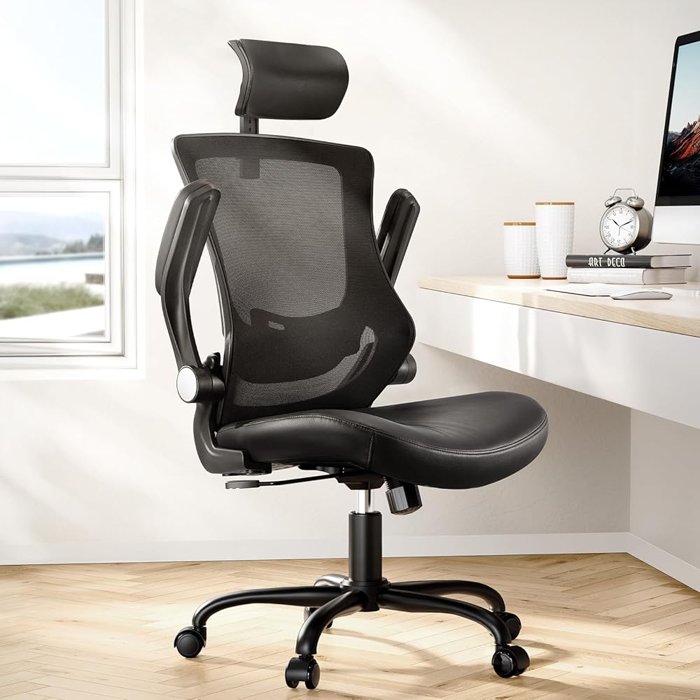 Marsail Office Chair Ergonomic Desk Chair, 360°Swivel Mesh Back Wide Computer Chair PU Leather Criss Cross Chair,Adjustable Lumbar Support & Flip-up Armrests,Adjustable Height Executive Task Chair : Home & Kitchen