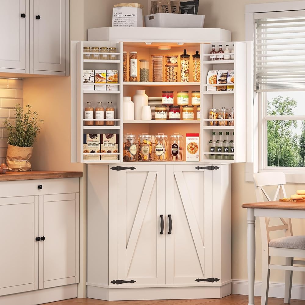 Jocoevol Corner Cabinet, Kitchen Pantry Storage Cabinet with 4 Doors and Shelves, Tall Food Pantry Storage Cabinet Farmhouse Furniture for Kitchen Dining Room, White : Home & Kitchen