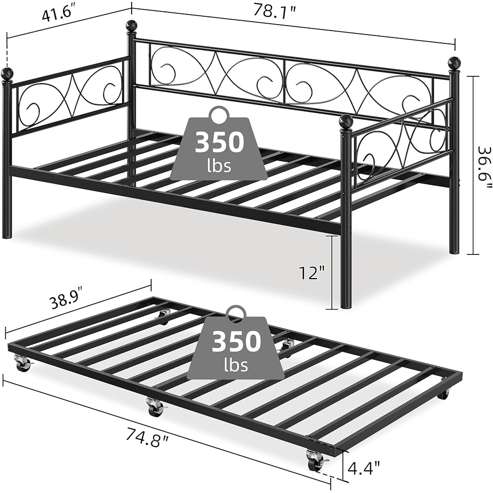 GarveeHome Daybed with Trundle Bed, Twin Size Day Bed with Floral Headboard, Metal SOFE Bed Frame with Pull-Out Trundle, Heavy Duty Steel Slats Supports, for Living Room, Guest Room, Modern Black : Home & Kitchen