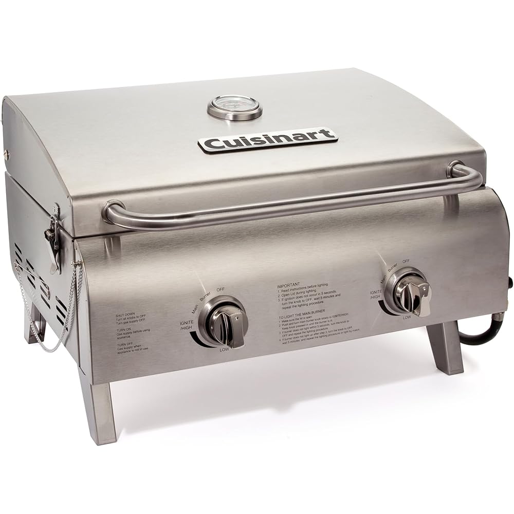 Cuisinart Chef's Style Tabletop Portable Propane Gas Grill, 20,000 BTU Stainless Steel 2-Burner Outdoor BBQ Grill for Camping, Tailgates, BBQ, Hassle-Free Setup : Patio, Lawn & Garden