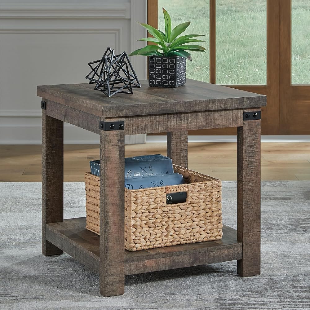 Signature Design by Ashley Hollum Rustic End Table with Shelf, Dark Brown : Home & Kitchen