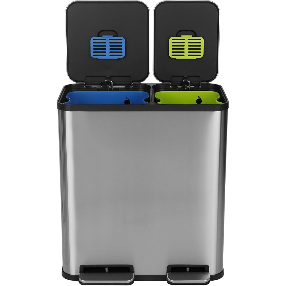 Simpli-Magic 18.5 Gallon (40L x 30L) Dual Compartment Step Trash Can – Kitchen Garbage Can with Waste & Recycling Bins – Slow-Close Lid, Odor Control, Hands-Free, Stainless Steel