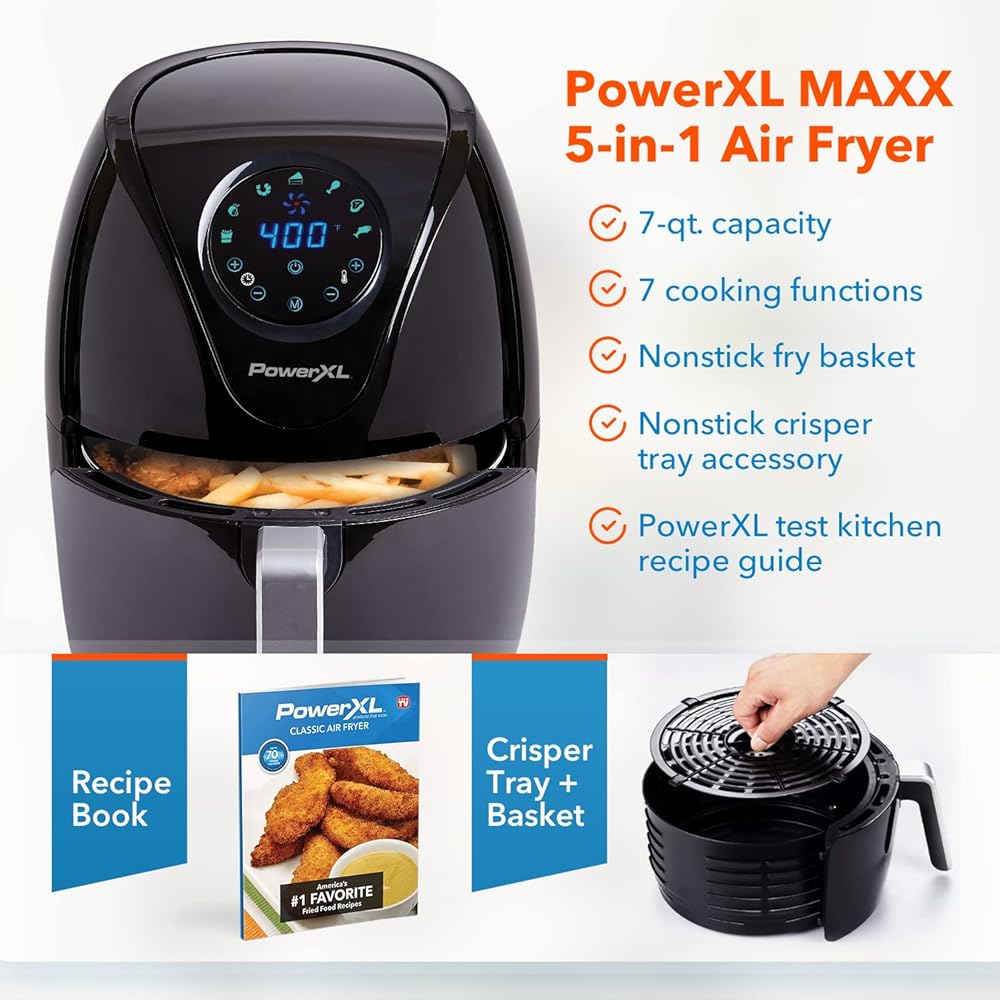 PowerXL Air Fryer 7 QT Maxx Classic, Extra Hot Air Fry, Cook, Crisp, Broil, Roast, Bake, High Gloss Finish, Nonstick, Black : Home & Kitchen