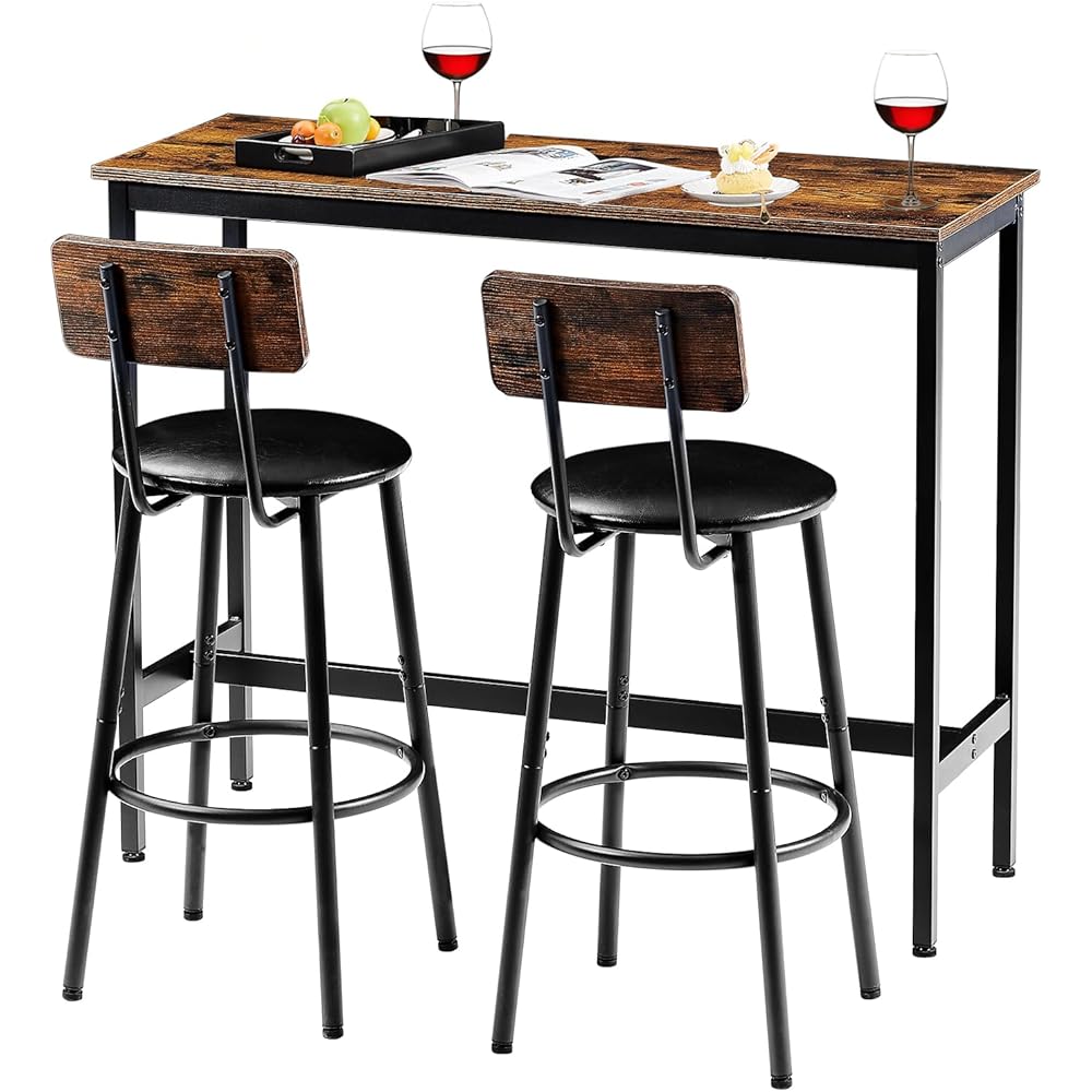 - Tatub Bar Table with Stools Set of 2, Industrial 3 Piece Counter Height Small Dining Sofa Table and Chairs Set of 2, Brown - Table & Chair Sets