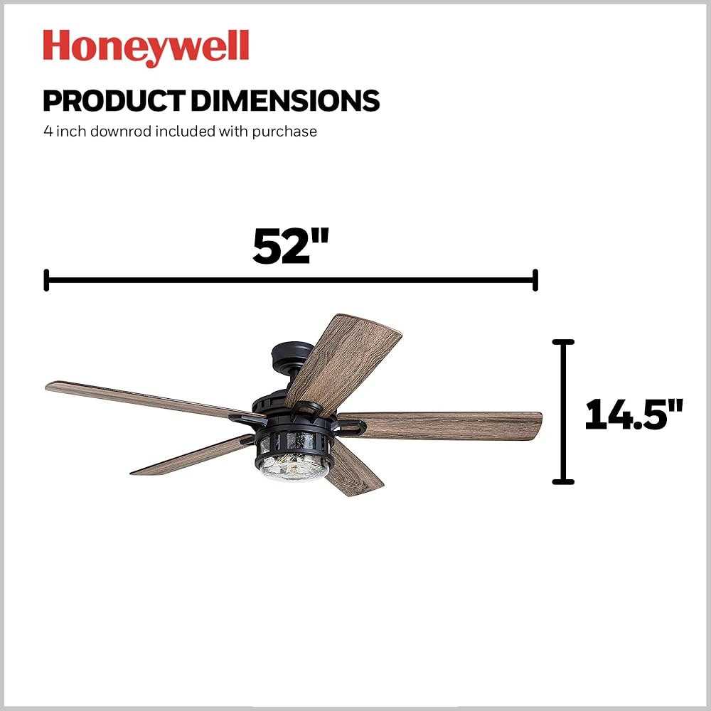 Honeywell Ceiling Fans Bonterra Modern 52 Inch Ceiling Fan with Light, Remote Control Fan, LED Indoor Fan with 5 Blades, Brown Pine and Black Blade Finish Options, Matte Black (50690-01) -