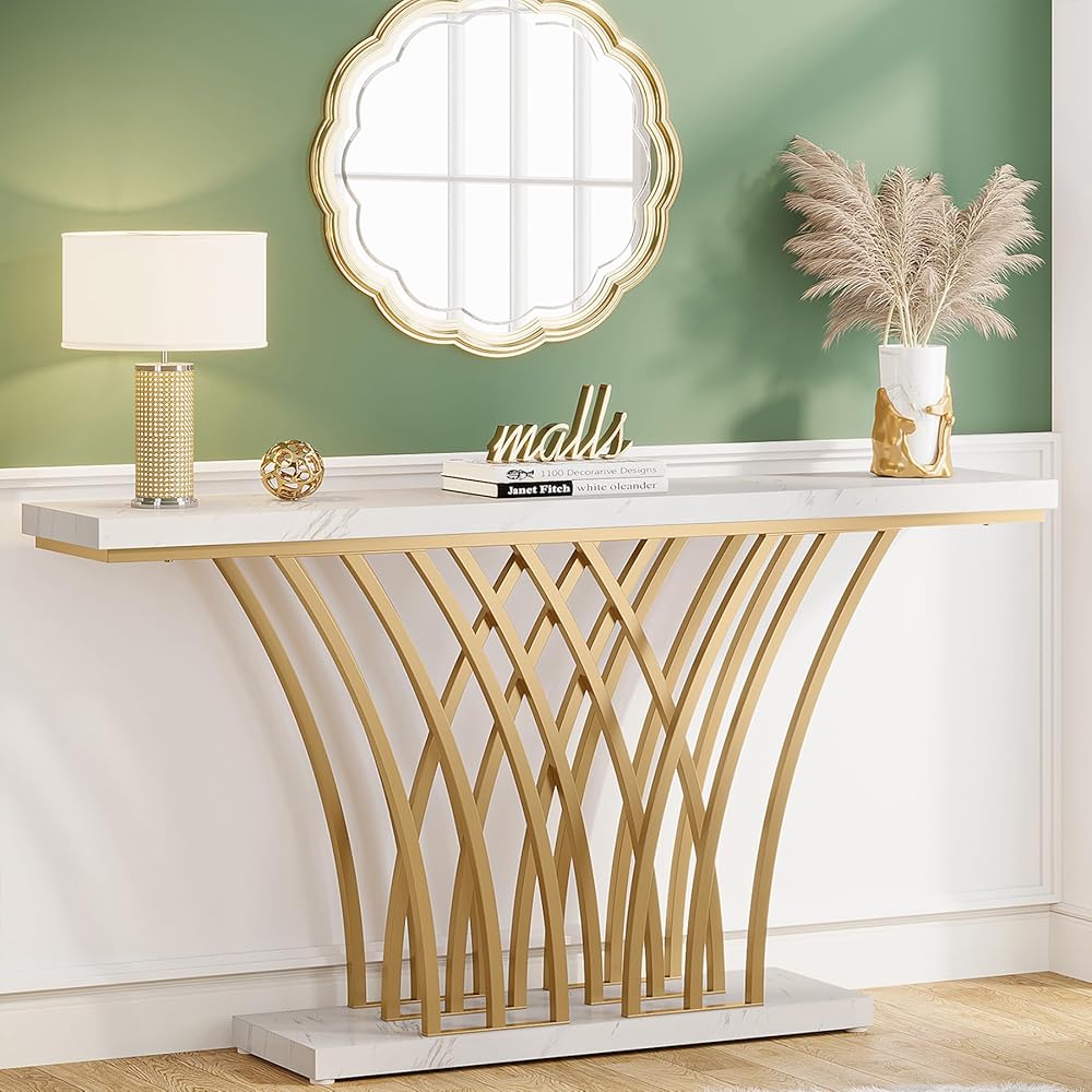 Tribesigns 59 inch Gold Console Table, Modern Entryway Table with Grid-Shaped Metal Base for Entrance, Hallway, Entryway, Living Room(White Faux Marble & Gold) : Home & Kitchen