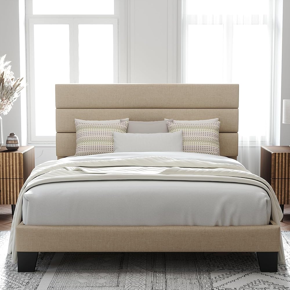 Allewie Queen Size Platform Bed Frame with Fabric Upholstered Headboard and Wooden Slats Support, Fully Upholstered Mattress Foundation/No Box Spring Needed/Easy Assembly, Beige : Home & Kitchen