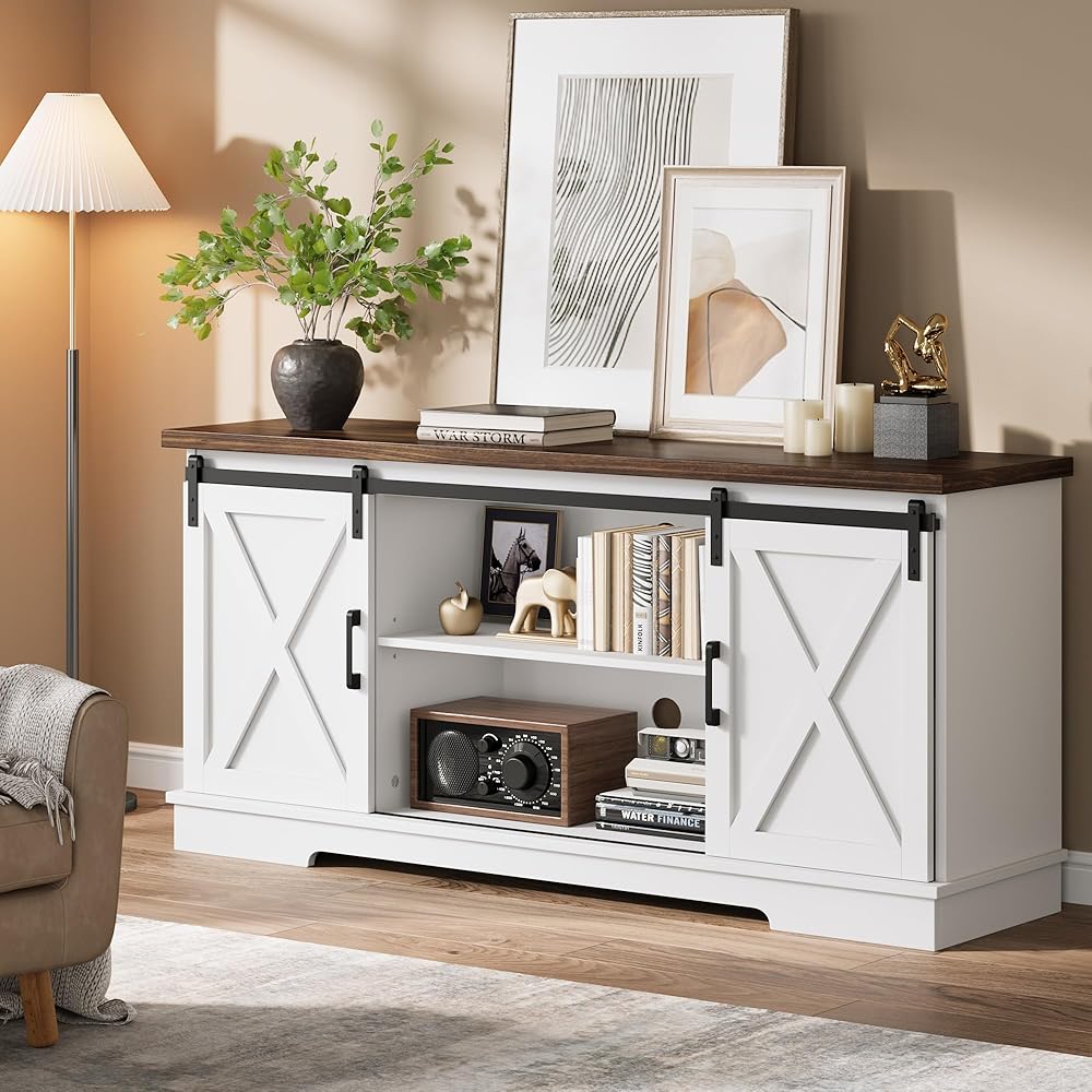 IDEALHOUSE Farmhouse Tv Stand for 65 Inch TVs, Entertainment Center with Sliding Barn Doors and Adjustable Shelf, Modern Storage Media TV Console TV Stand Table for Living Room, Bedroom, White : Home & Kitchen
