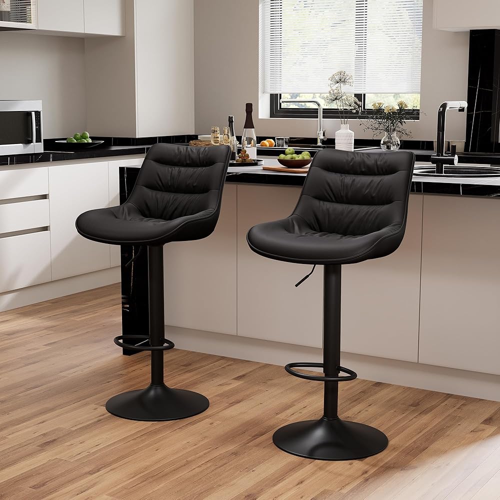 Kidol & Shellder Bar Stools Set of 2, Swivel Adjustable Counter Height Stools with Back, PU Leather Upholstered Modern Bar Chairs for Kitchen Island (Black) : Home & Kitchen