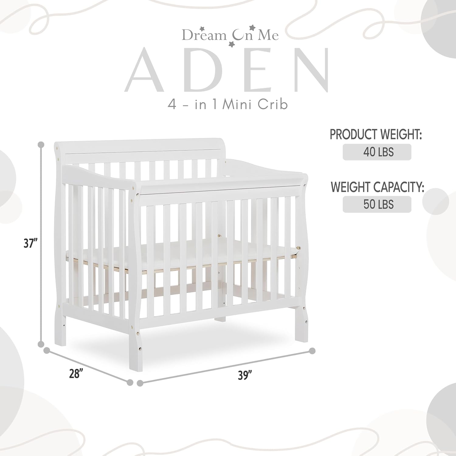 : Dream On Me Aden 4-in-1 Convertible Mini Baby Crib in White, GreenGuard Gold & JPMA, Sustainable Pinewood, Non-Toxic Finish, 3-Levels, Converts to Mini Day & Twin-Size Bed (Rail Sold Separately) : Baby