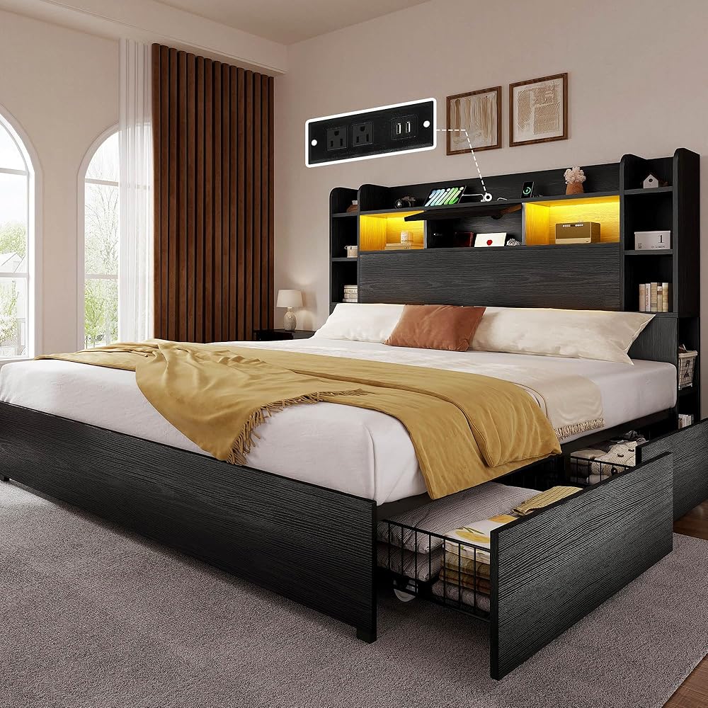 YITAHOME Queen Bed Frame with Bookcase Headboard and 4 Storage Drawers, RGB LED Bed Frame with Type-C & USB Charging Station Storage Headboard Bed, No Box Spring Needed, Noise Free, Black : Home & Kitchen