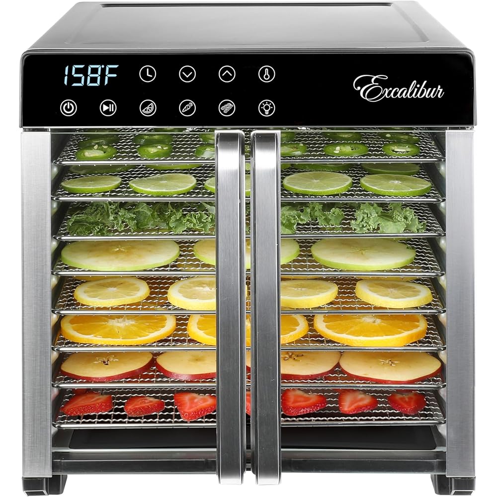 Excalibur Electric Food Dehydrator 8-Tray 7.2 Cu Ft Drying Space with Adjustable Temperature Control Stainless Steel Construction and Glass French Doors, 700-Watts, Stainless Steel: Home & Kitchen
