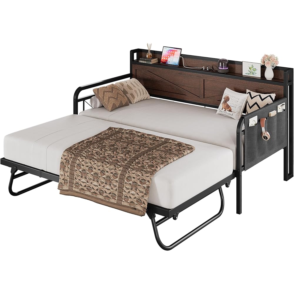 LIKIMIO Twin Daybed with Trundle Bed, Storage Headboard with Charging Station, Sofa Day Bed with Strong Supports for Living Room, Bedroom, and Guest Room, Dark Brown : Home & Kitchen