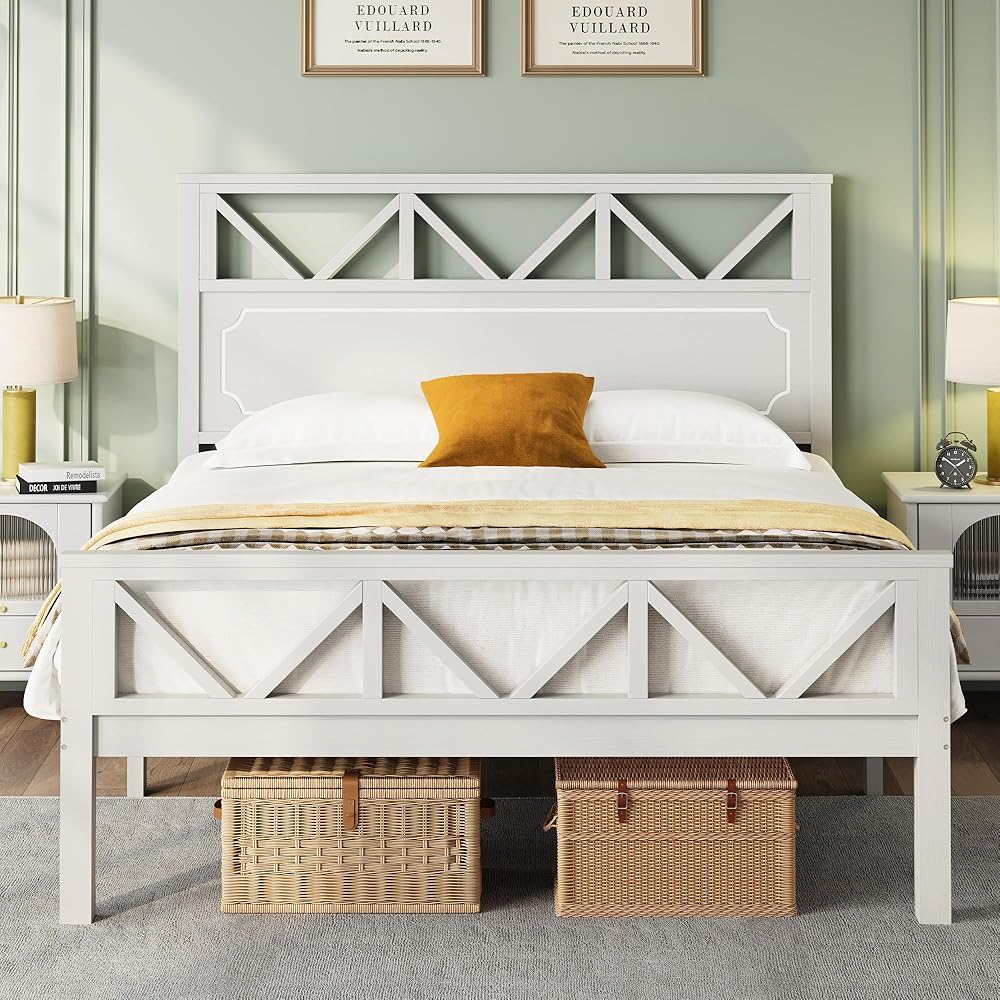 BedsPick Queen Bed Frame, Solid Wood Platform Bed Frame with Headboard and Footboard, Heavy-Duty Mattress Foundation/Wood Slats/Easy Assembly/No Box Spring Needed/Noise Free, Shell White : Home & Kitchen