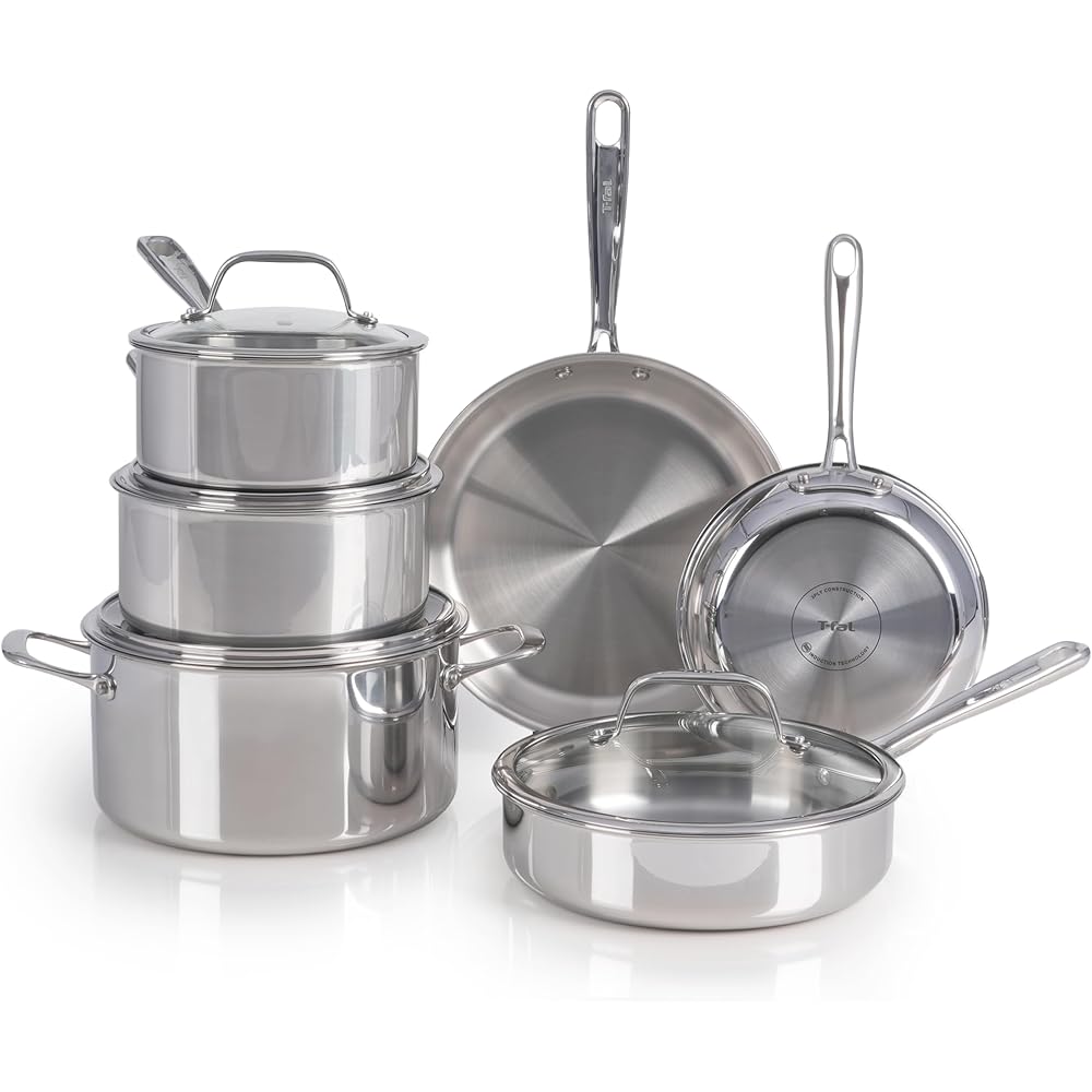 T-fal Pro Tri-Ply Stainless Steel Cookware Set 10 Piece, Induction Compatible Oven Safe 500F, Lids 350F, Fast & Even Heat, Professional Quality & Durability, Pots and Pans Set, Dishwasher Safe, Silver: Home & Kitchen