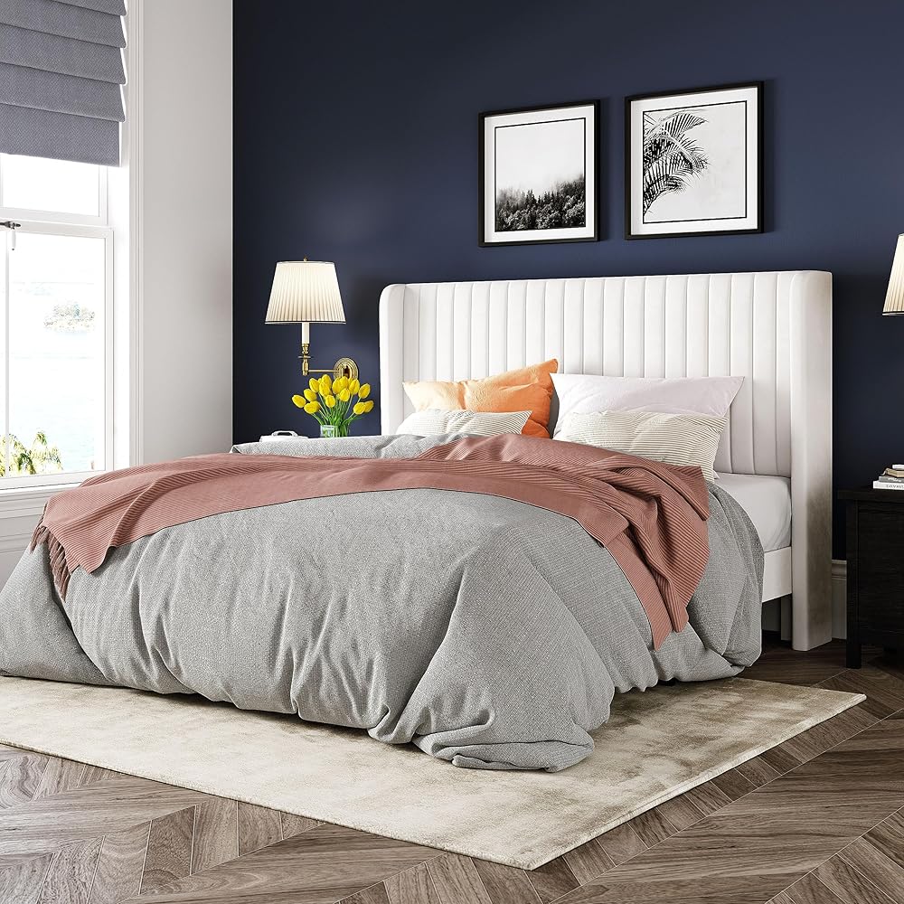 Allewie Full Size Velvet Bed Frame/Vertical Channel Tufted Wingback Headboard/Upholstered Platform Bed/Strong Wooden Slats/No Box Spring Needed/Easy Assembly/White : Home & Kitchen