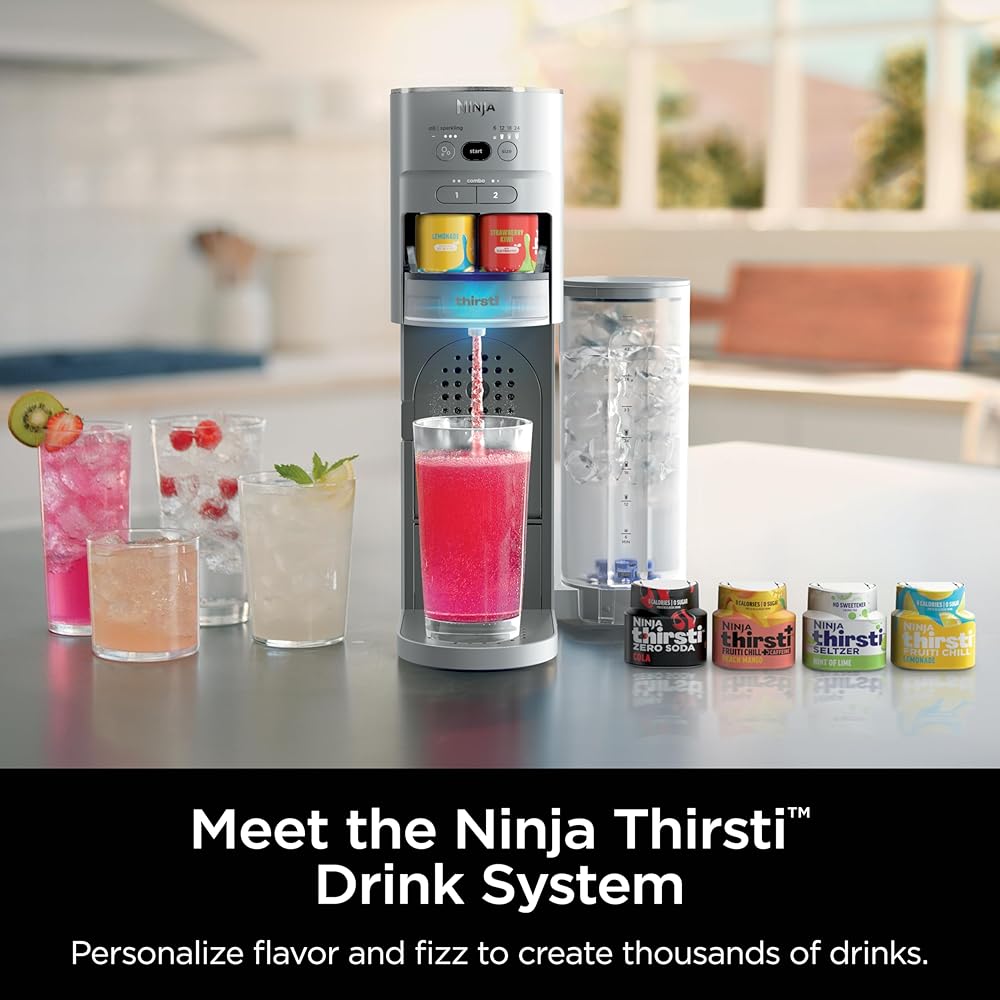 Ninja Thirsti Drink System, Soda Maker, Create Unique Sparkling & Still Drinks, Personalize Size & Flavor, Carbonated Water Machine, 60L CO2 Cylinder & Variety of Flavored Water Drops, Gray WC999AMZ: Home & Kitchen