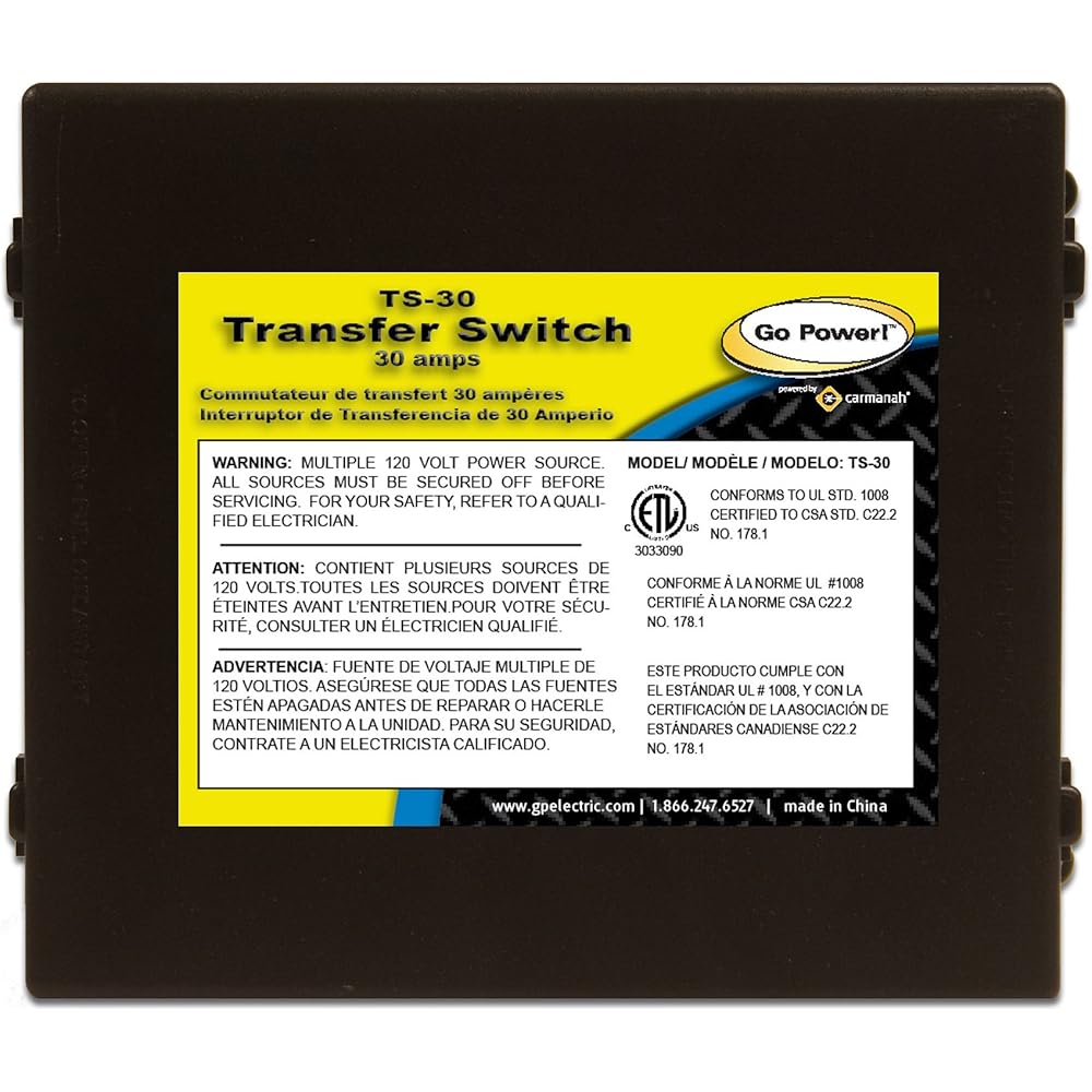 Go Power! TS-30 30 Amp Automatic Transfer Switch, Dual Source Compatibility, Generator Delay Switch, Easy Installation, Compact Design, Black : Patio, Lawn & Garden