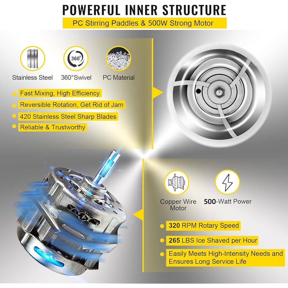 VEVOR 110V Electric Shaved Ice Machine 500W Snow Cone Maker Tabletop w/Adjustable Ice Texture, Ice Shaving Machine 265LBs/hr for Home and Commerical Use : Home & Kitchen