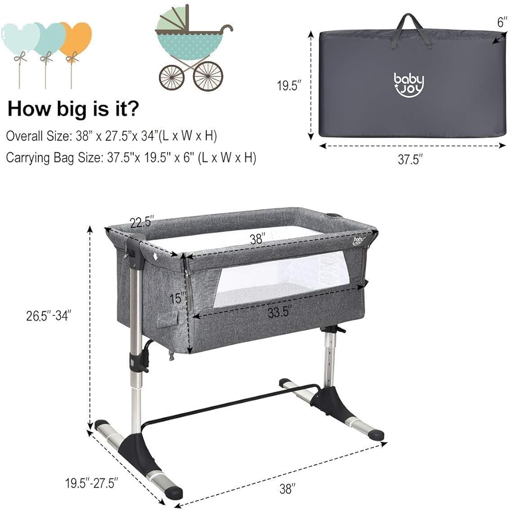 BABY JOY Baby Bedside Crib, Portable Travel Sleeper Bed Side Bassinet w/Carrying Bag, Newborn Bassinet to Infant, Kids Crib with Detachable Mattress, Height Adjustable Design, Breathable Mesh, Grey : Baby