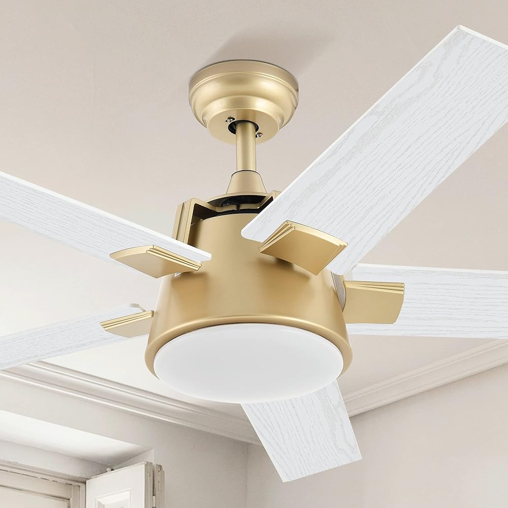 YITAHOME Ceiling Fan with Light and Wall Switch Remote, 52 Inch Modern Gold White Fan, Quiet Reversible Motor, Dimmable LED Color, Memory Function for Bedroom Living Room Patio Indoor -