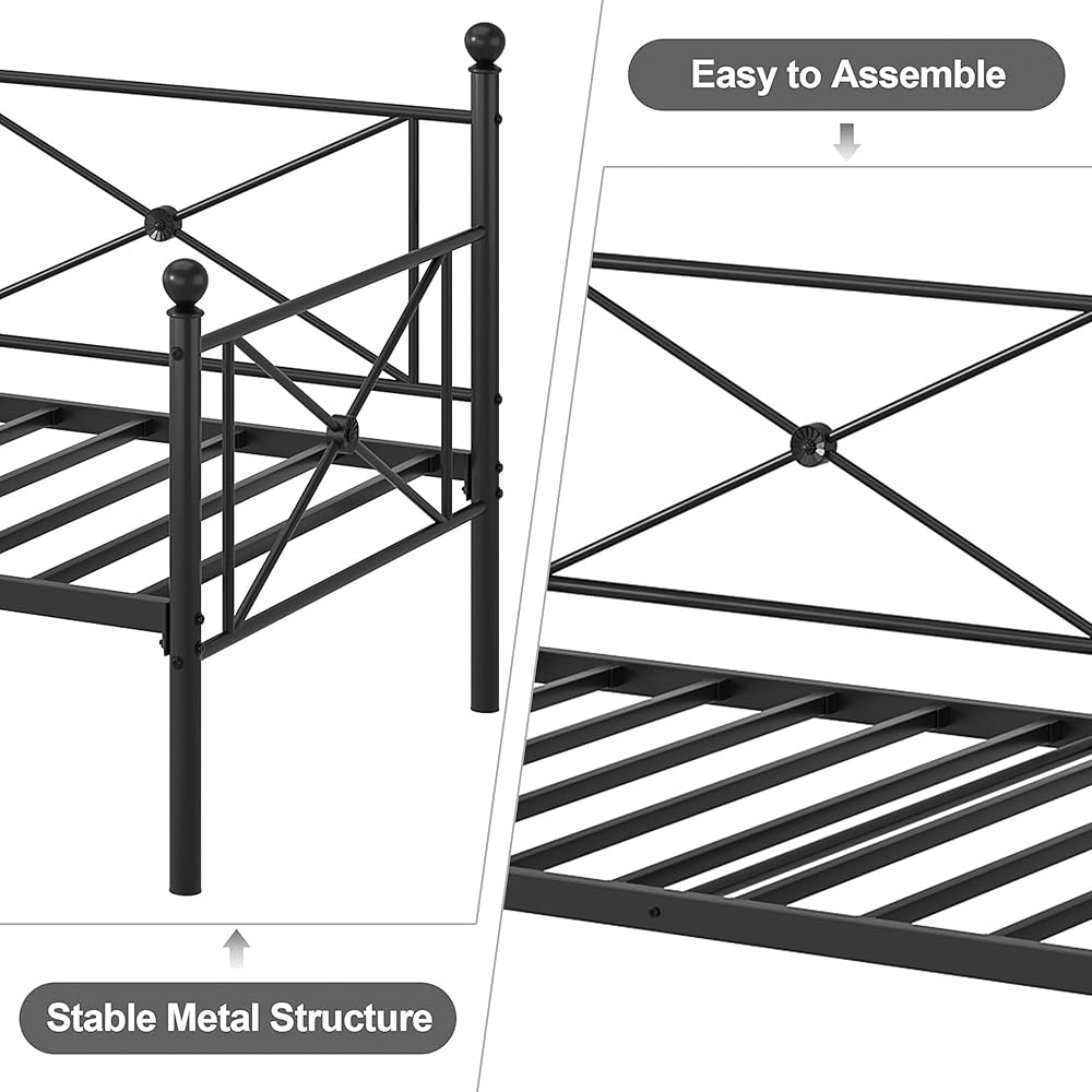 VECELO Twin Daybed Frame, Metal Day Bed with Stylish Headboard, Multifunctional Platform Beds for Bedroom, Living Room, Guest Room, No Boxing Spring Needed, Black : Home & Kitchen
