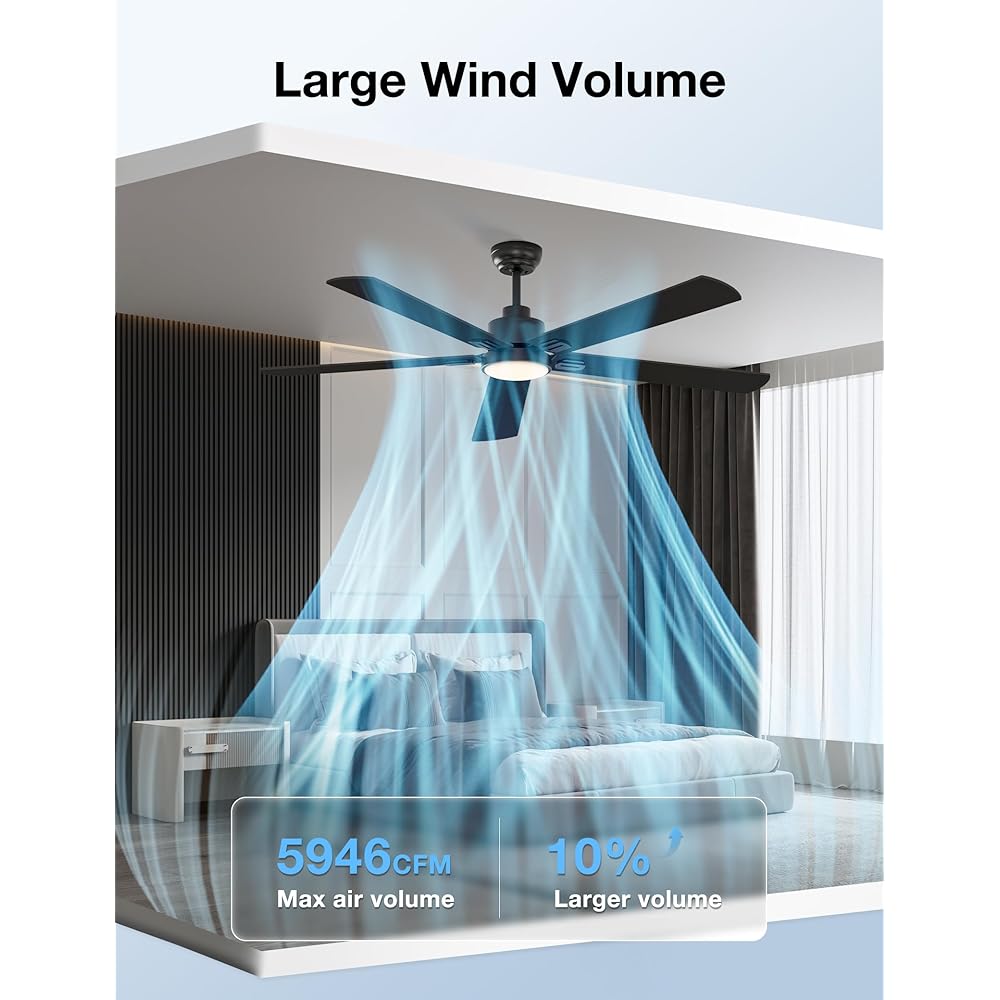 warmiplanet 62 Inch Indoor Ceiling Fans with Lights and Remote Control, 6 Speeds Slient Reversible DC Motor, 3 Color Dimmable LED Light, Timer, Black, 5 Blades -