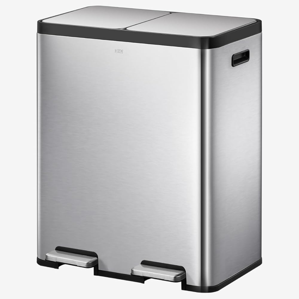EKO EcoCasa 30L+30L Dual Trash Can with Recycle Bin, Stainless Steel Independent Pedals and Lids, 2 x 8 Gal Trashcans for Kitchen, Soft Close, Fingerprint Resistant : Home & Kitchen