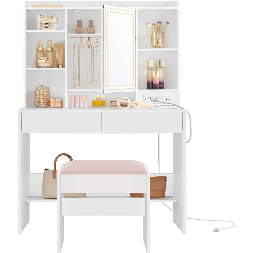 VASAGLE Vanity Desk with Power Outlets, Makeup Vanity with Mirror and Lights, Upholstered Vanity Stool, Dimmable LED Lights, 6 Compartments, 2 Drawers, for Bedroom, Cloud White URDT031W01 : Toys & Games