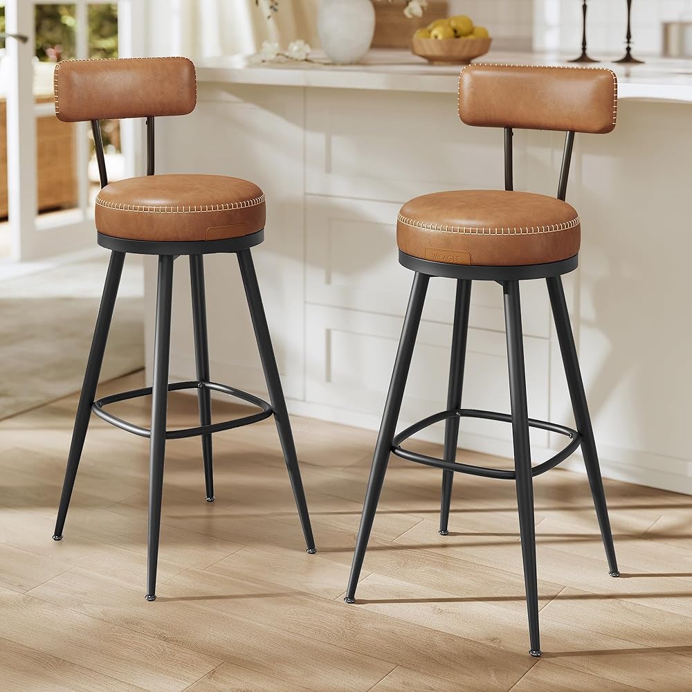 VASAGLE EKHO Collection - Bar Stools Set of 2, Swivel Bar Height Bar Stools with Back, Synthetic Leather with Stitching, Mid-Century Modern, 30-Inch Tall Barstools for Kitchen Home Bar, Caramel Brown : Home & Kitchen