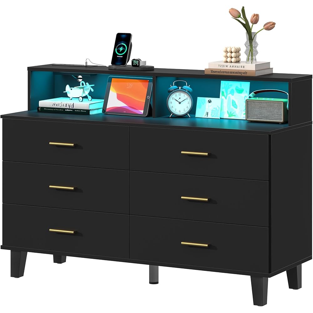 knoworld Black Dresser with LED Lights, 6 Drawer Dresser with Power Outlet for Bedroom, Large Wooden Chest of Drawers, Organizer Cabinet for Bedroom,Living Room,Hallway, Entryway : Home & Kitchen