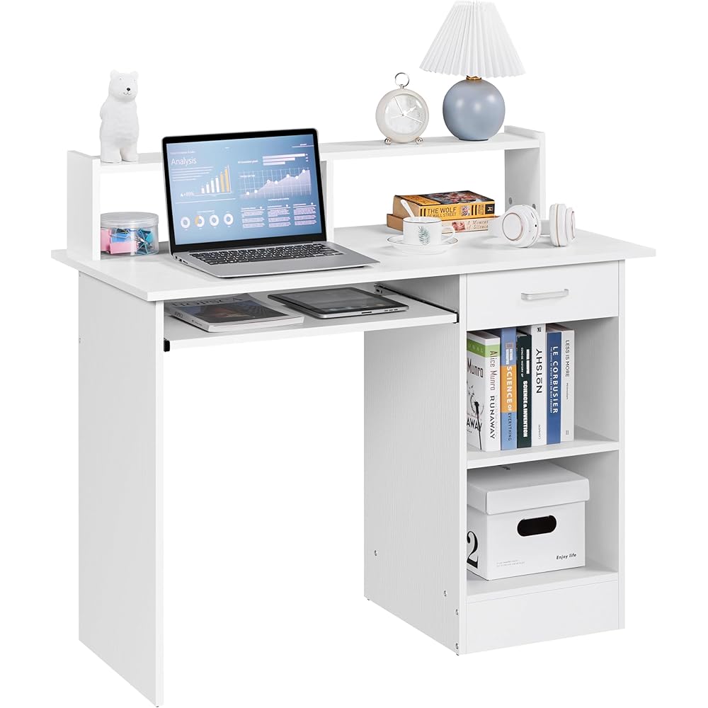 Yaheetech Home Office Wood Computer Desk with Keyboard Tray and Drawers, Students Writing Table with Storage Drawers & Hutch, Modern PC Laptop Desk, Multifunctional Workstation, White : Home & Kitchen