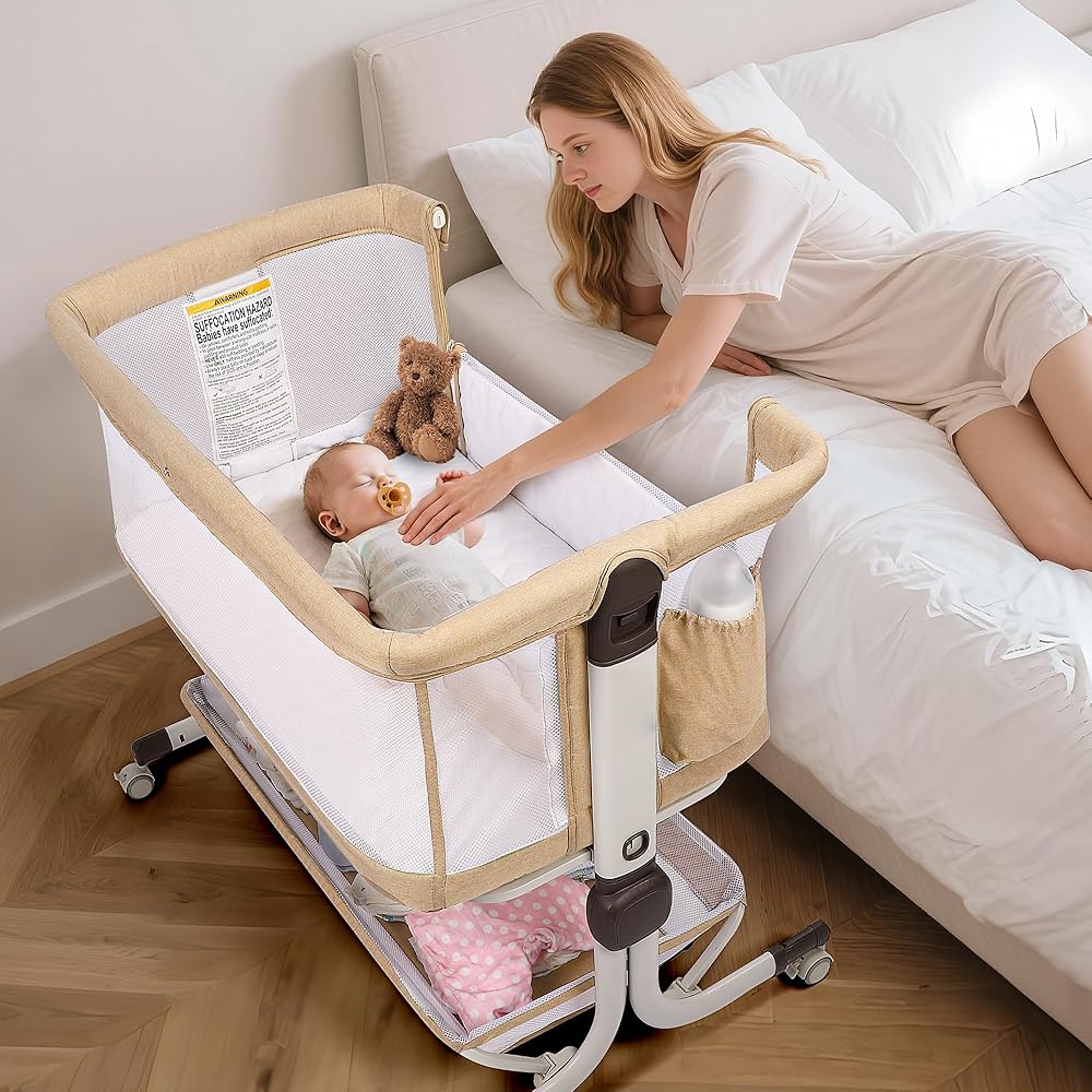 MOMFANN Baby Bassinet Bedside Sleeper, Upgraded Stability Bedside Crib with Full Mesh Sides, Soft Sheet, 6-Height Adjustment, Storage Basket, Easy Folding Portable Bassinet for Newborns, Oatmeal : Baby