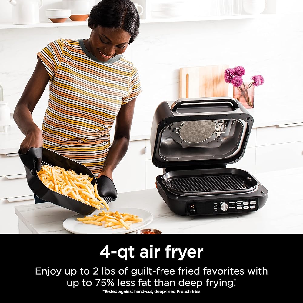 Ninja IG651 Foodi Smart XL Pro 7-in-1 Indoor Grill/Griddle Combo, use Opened or Closed, Air Fry, Dehydrate & More, Pro Power Grate, Flat Top, Crisper, Smart Thermometer, Black: Home & Kitchen