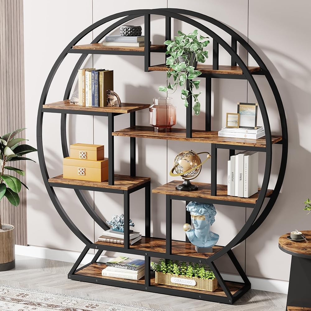 Tribesigns Bookshelf, Round Bookshelves Etagere Bookcase, 63 Inch Industrial Wood Book Shelf with Staggered Shelves, Rustic Open Shelving Organizer Rack Display Shelf for Home Office, Living Room : Home & Kitchen