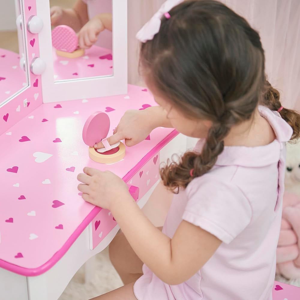 Teamson Kids Vanity Set for Girls with LED Lights, Tri-Fold Mirror, Stool & Drawer, Pretend Makeup Table for Toddlers, Heart Design, Wooden White Pink Princess Play Furniture, Ages 3+