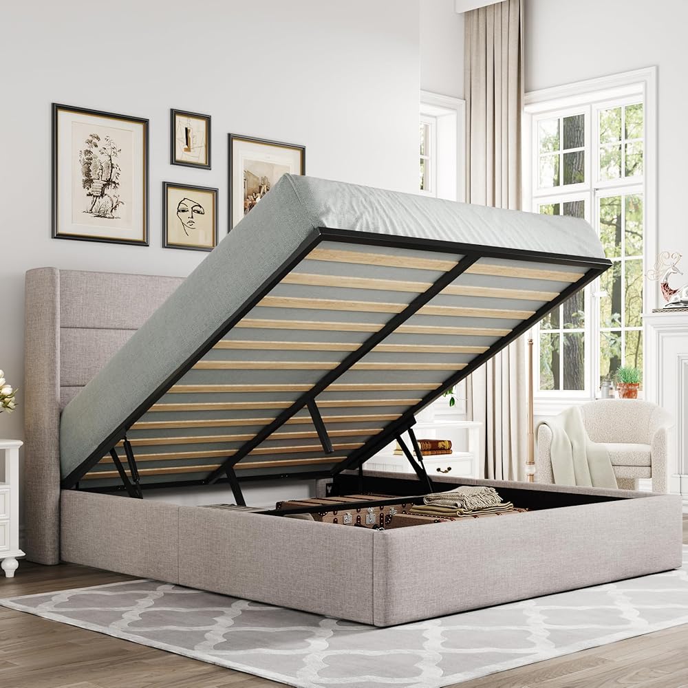 Allewie Queen Size Lift Up Storage Bed, Modern Wingback Headboard, Hydraulic Support, No Box Spring Needed, Light Beige : Home & Kitchen