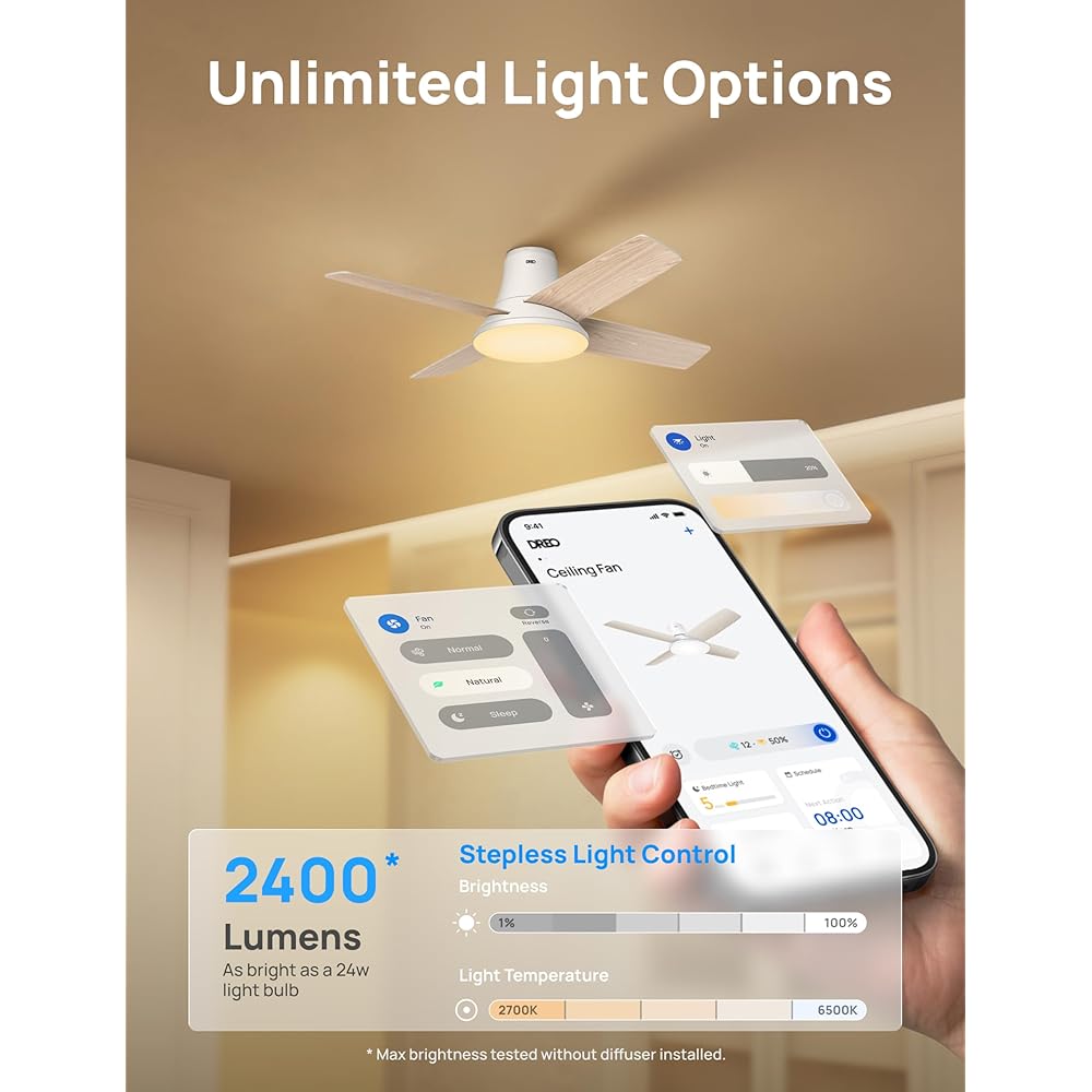 Dreo Ceiling Fans with Lights, 12 Speeds & 3 Fan Modes, Quiet DC Motor, Low Profile Easy to Install, Flush Mount Smart Ceiling Fan with Dimmable LED, 12H Timer for Bedroom, Remote, White, 44'' -