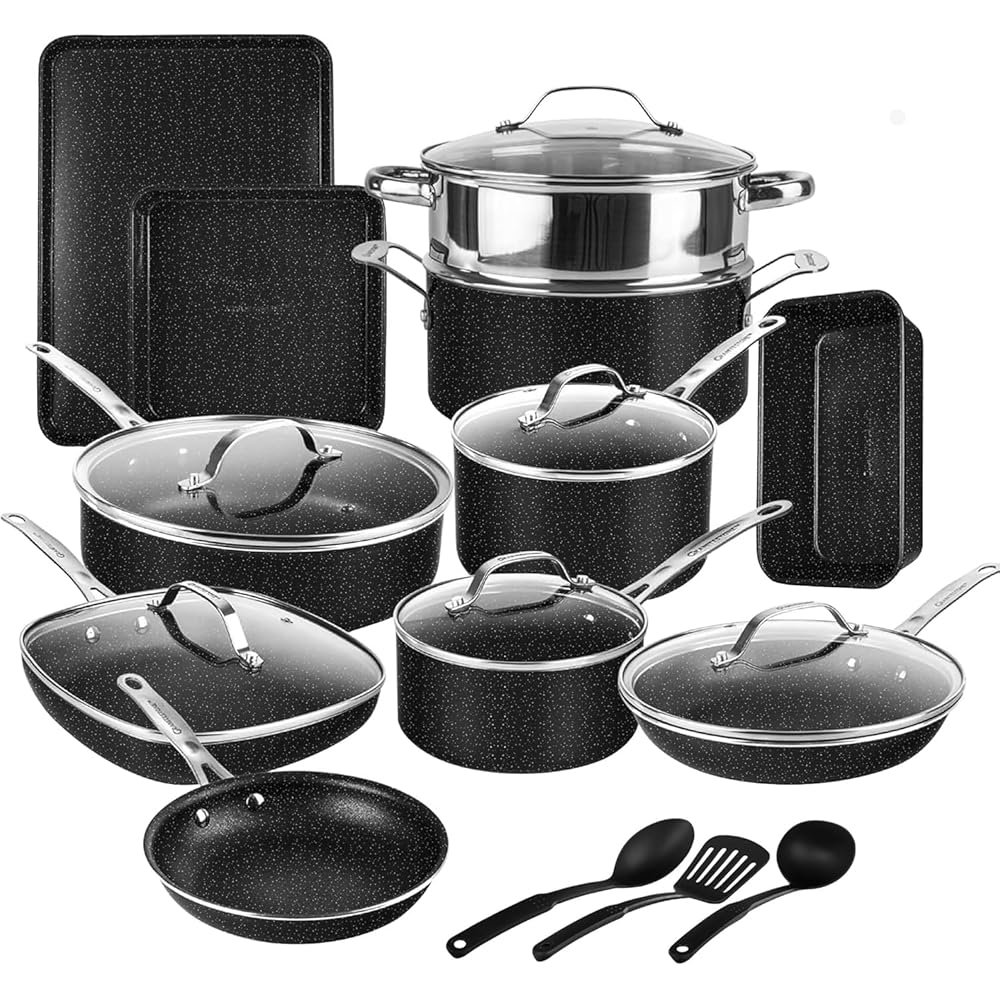 GRANITESTONE 20 Pc Complete Pots and Pans Set Non Stick Cookware Set with Deep Frying Pan Set, Bakeware, Steamer, Cooking Utensils, Non Toxic PFOA PFOS Free, Oven and Dishwasher Safe: Home & Kitchen