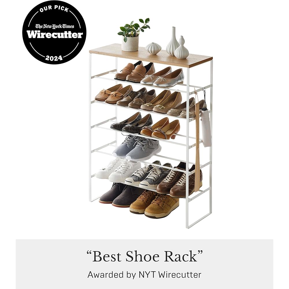 Yamazaki Home 6 Tier Wood Top Shoe Rack Steel One Size White : Home & Kitchen