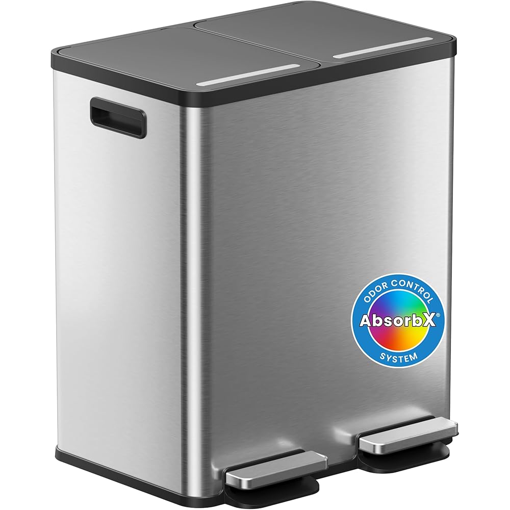 iTouchless 16 Gallon / 60 Liter Dual Compartment Kitchen Trash Can & Recycling Bin, Soft-Close, Odor Filter, Hands-Free Step Pedals, Color-Coded Removable Buckets, Smudge-Resistant Stainless Steel : Home & Kitchen
