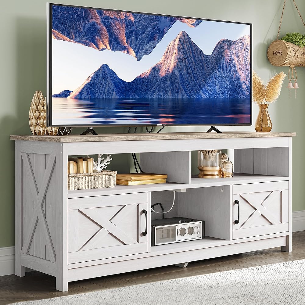 YITAHOME TV Stand for 65/55 Inch Television, Farmhouse Entertainment Center Television Stand with Power Outlets and Open Shelf, Media Console TV Cabinet for Living Room, Grey White/Grey Wash : Everything Else